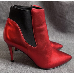 Boden Red Metallic Pull-On Booties Pointed Toe Kitten Heel Size 38 (flaw)